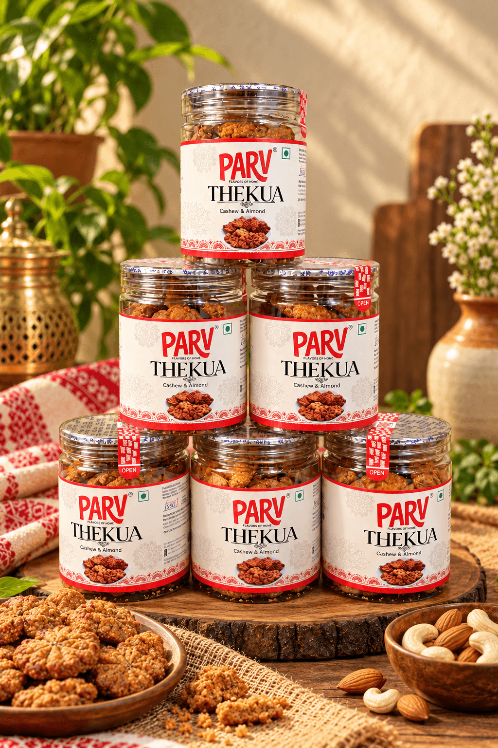 PARV Thekua jars with traditional Thekua and dry fruits in a warm festive setting